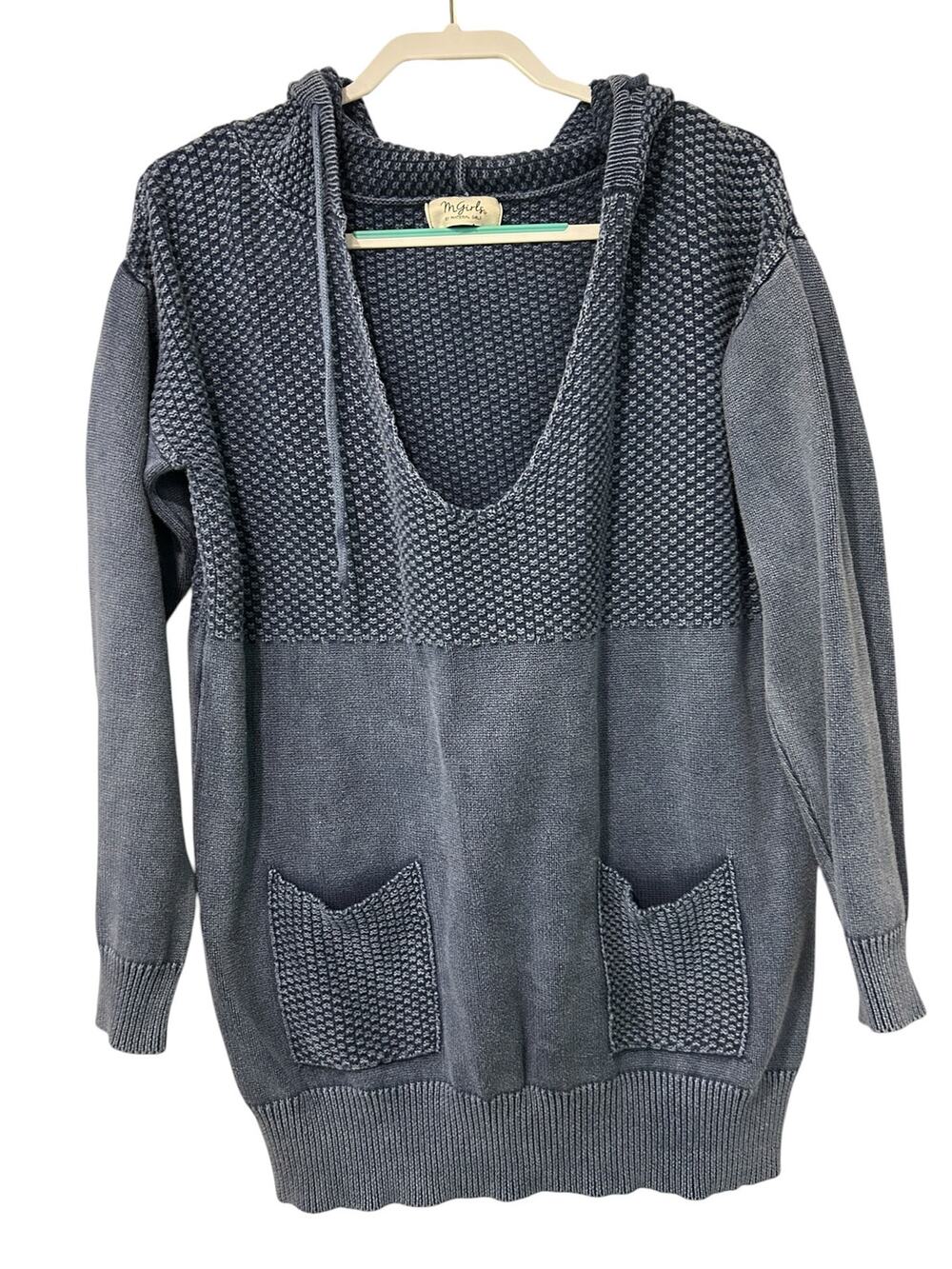 MGirls by Material Girls Blue Waffle Knit Hoodie Y2K Boho Grunge Size M Casual